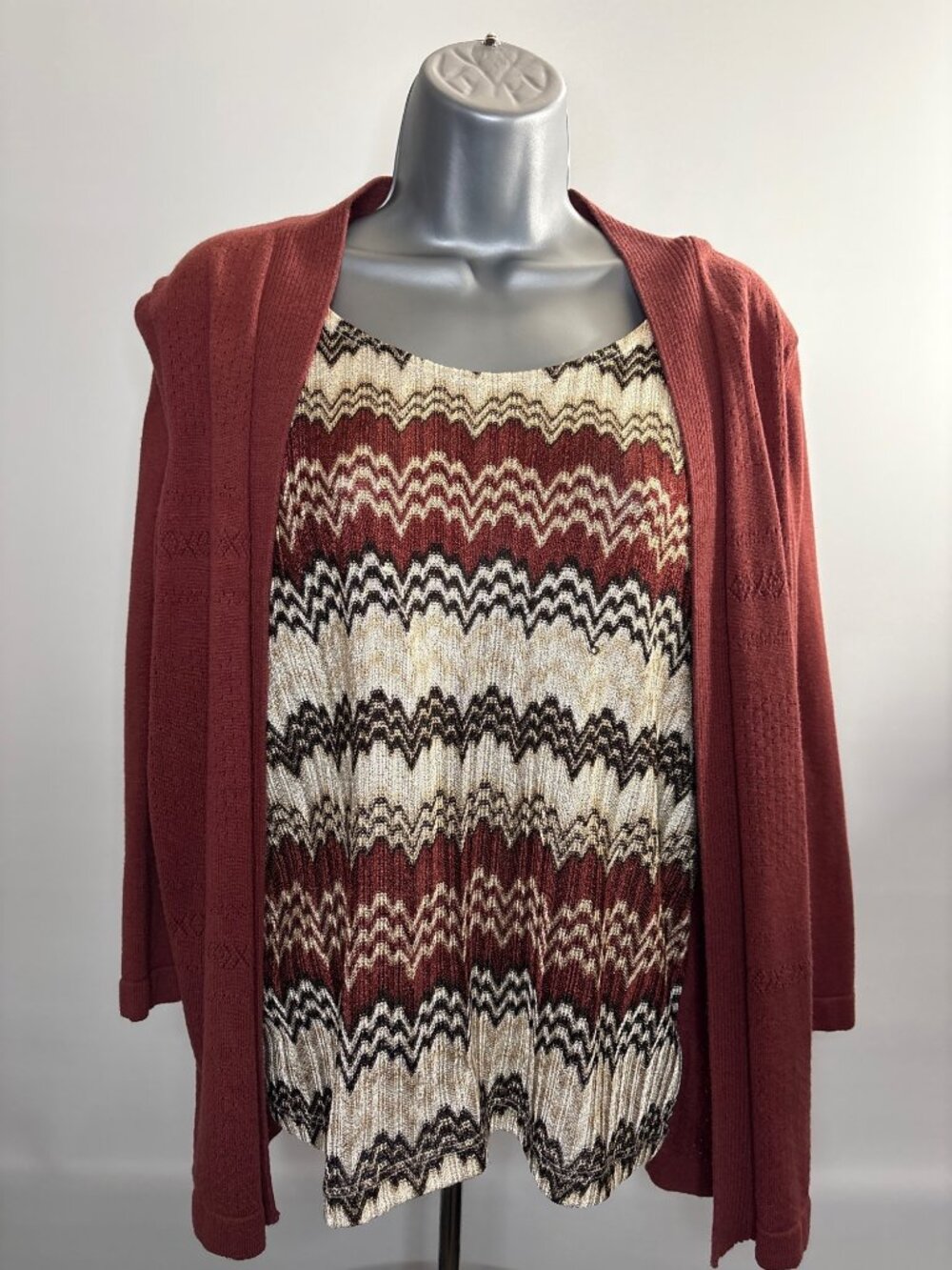 Alfred Dunner Chevron Layered Top Womens Petite Cardigan Rust Gold Tan Patterned - Picture 2 of 16